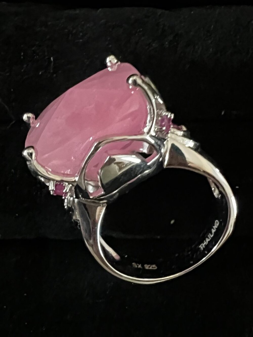 Cushion Cut Rose Quarts Cocktail Ring with Ruby Accent Stones Size 9